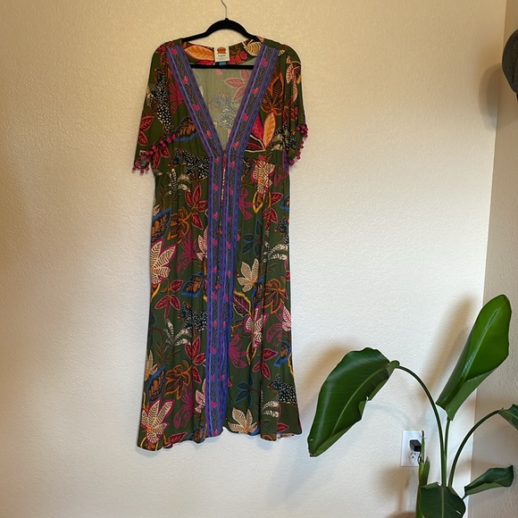 Farm Rio Cover Up Dress Leaves Tassels Pom Caftan Kimono - Picture 5 of 7